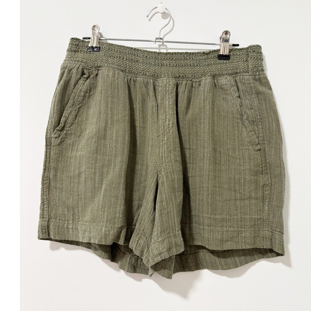 Briggs Shorts Womens Size Small Green Linen Blend Smocked Waist Textured Pockets